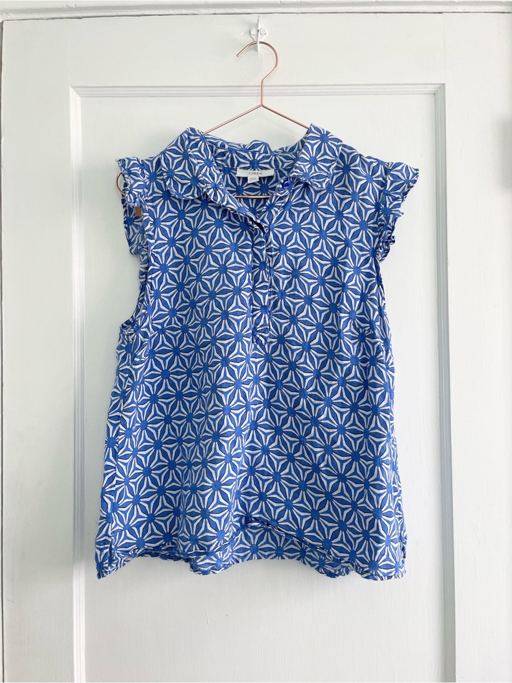 Charter Club Luxury 100% Linen Blue Geometric Ruffle Blouse L